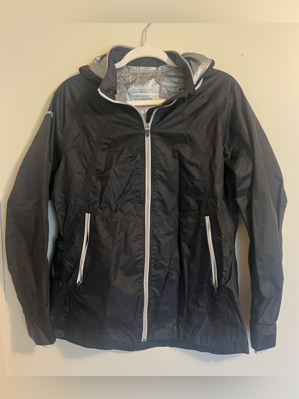 Black Lightweight Hooded Windbreaker Jacket with White Zippers